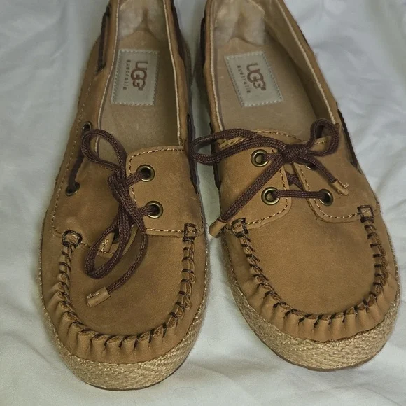 UGG TYLIN 6 NWOB DECK SHOE Chestnut Nubuck Leather Lamb Fur Lined Boat Classic - Picture 7 of 16
